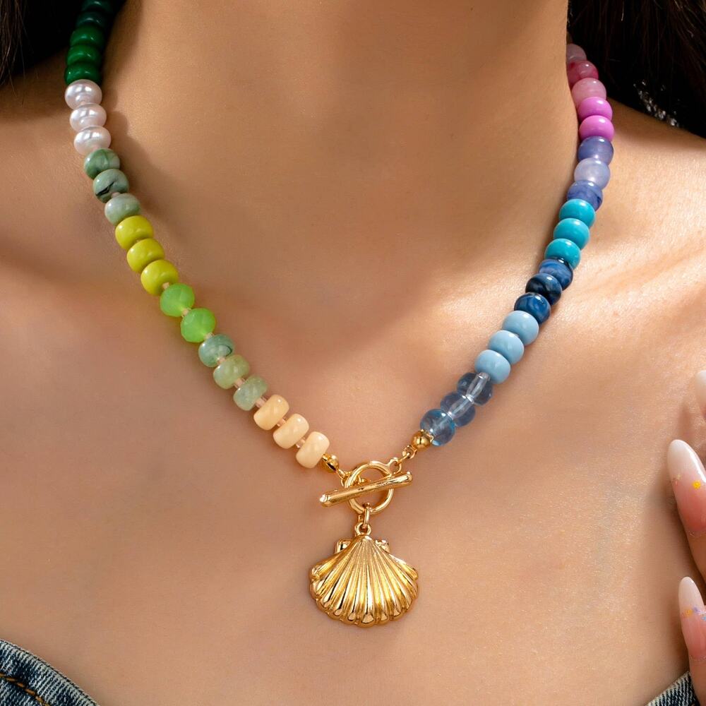 Rainbow Beaded Seashell Charm Necklace